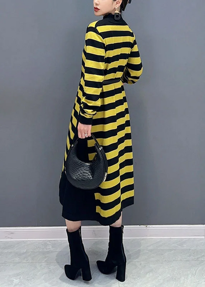Women's Loose Yellow Round Neck Striped Patchwork Party Long Sleeve Dresses