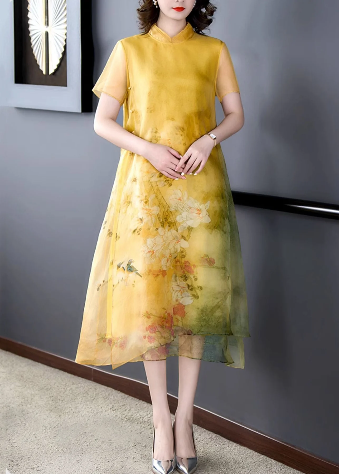 Chinese Style Party Yellow Standing Collar Button Printed Silk Maxi Dress
