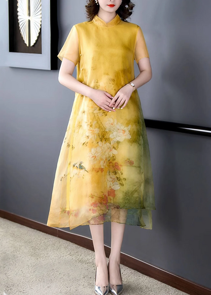 Chinese Style Party Yellow Standing Collar Button Printed Silk Maxi Dress
