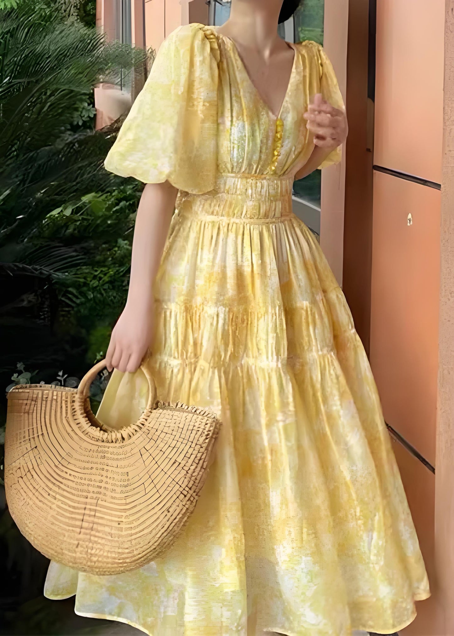 Women's Boho Yellow V-Neck Printed Long Dresses