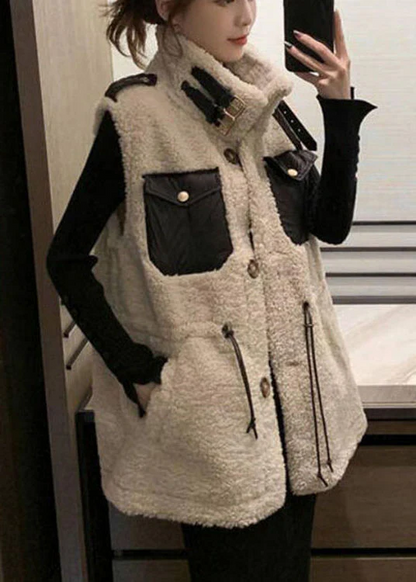 Women's Plus Size Drawstring Pocket Winter Sleeveless Teddy Vest Jacket