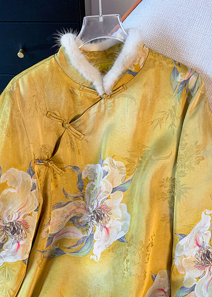 Chinese Style Yellow Printed Patchwork Silk Top