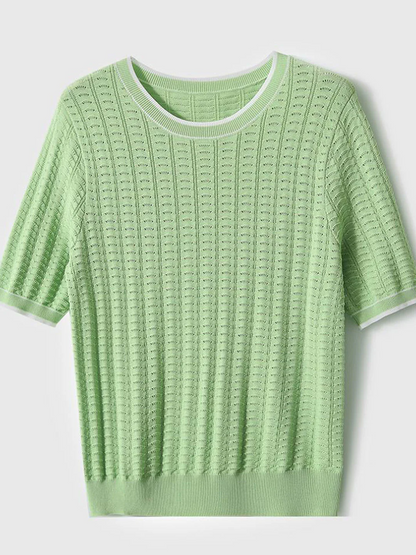 Elegant Round Neck Knit Short Sleeve Shirt Top