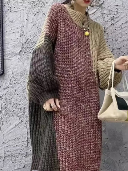 Loose plus size color clashing knitted sweater long sleeve winter