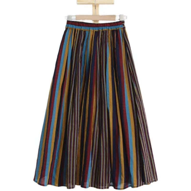 Vintage colorful oversized striped cotton A-line skirt