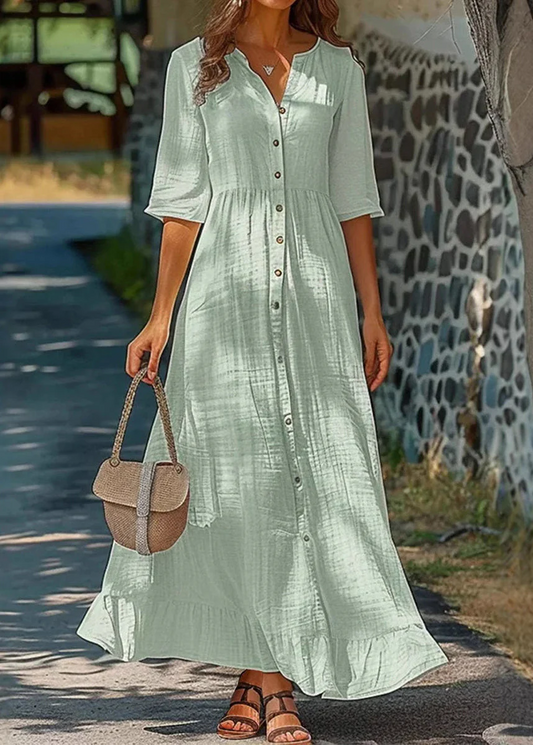 Women's Travel Green Button Cotton Half Sleeve Shirt Dress