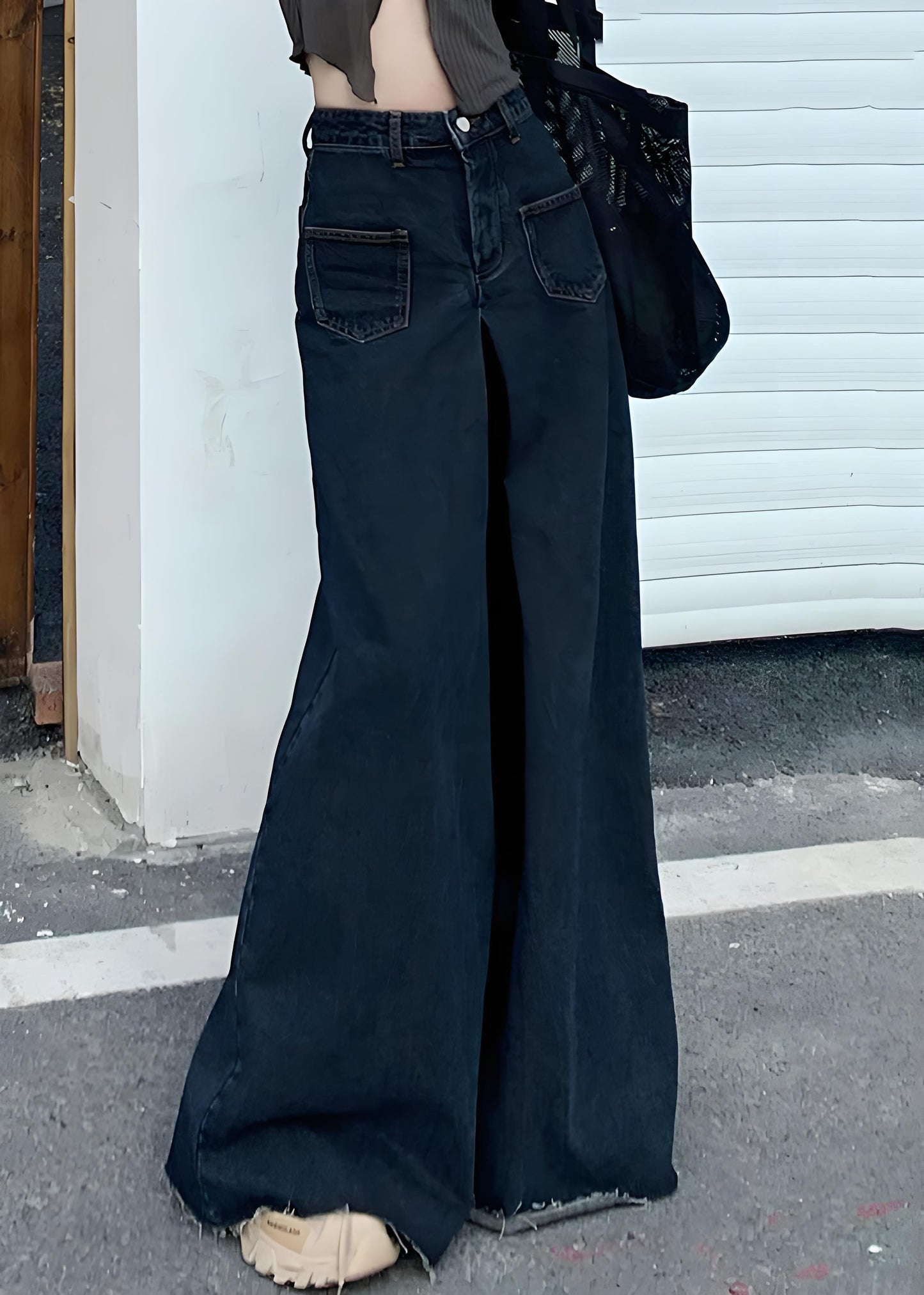 Women's Black Button Denim Wide Leg Pants Spring