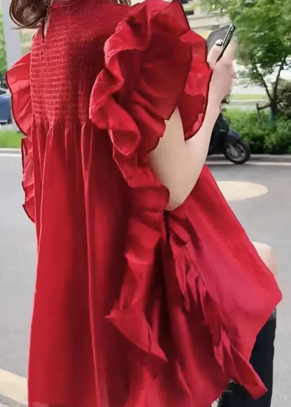 Ruffle Trim Patchwork Chiffon Blouse