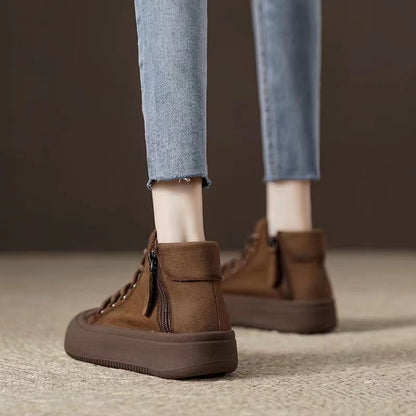 Cowhide Patchwork Cross Strap Zipper Boots