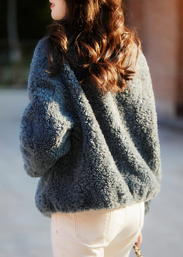 Women's Plus Size Blue Pocket Drawstring Teddy Faux Fur Coat