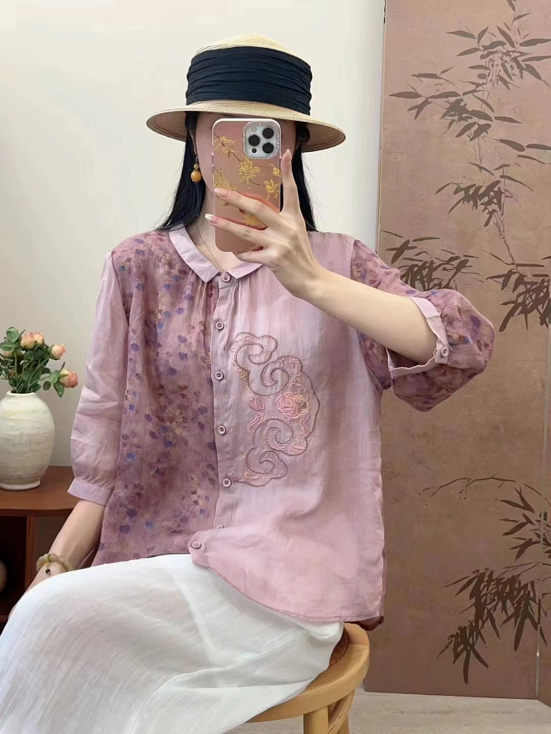 Elegant Printed Lapel Cardigan Cotton and Linen Embroidered Patchwork Shirt Top