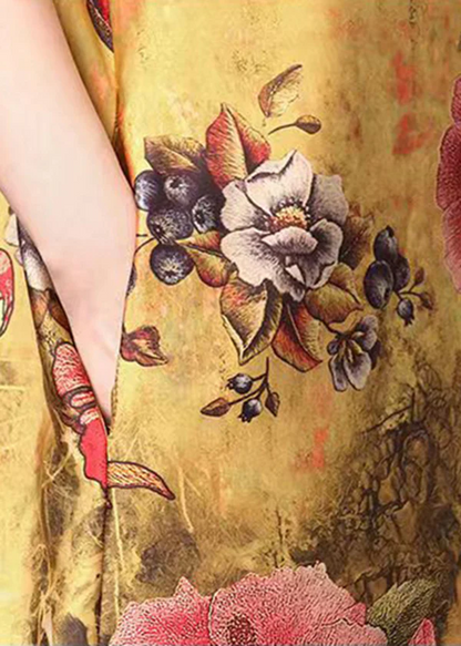 Elegant Standing Collar Pocket Floral Print Silk Two Piece Set Short Sleeve