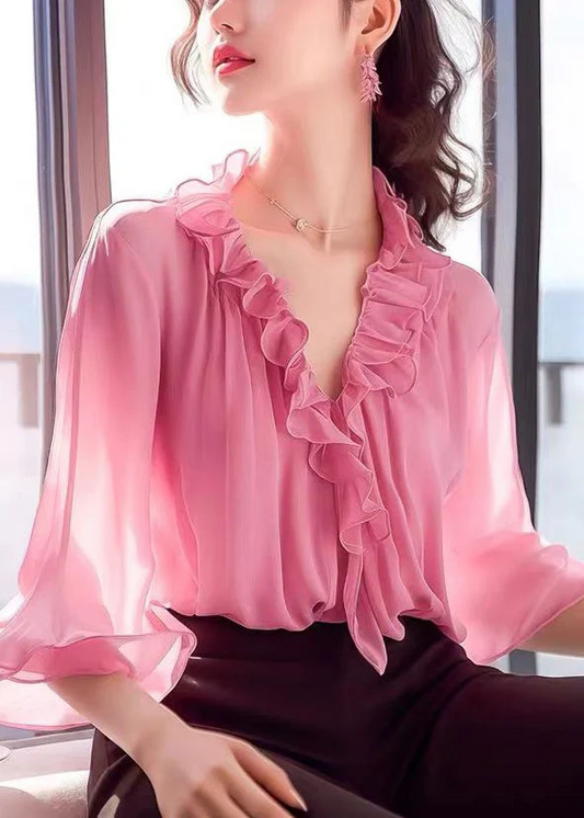 Women's Pink V-Neck Ruffle Trim Chiffon Blouse Hands