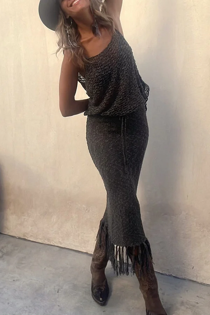 Boho Holiday Crochet Fringe Tank Dress Set Summer