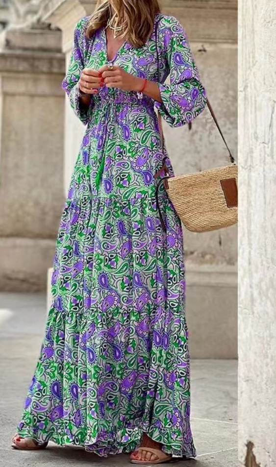Vintage Printed V-Neck Long Sleeve Long Dresses