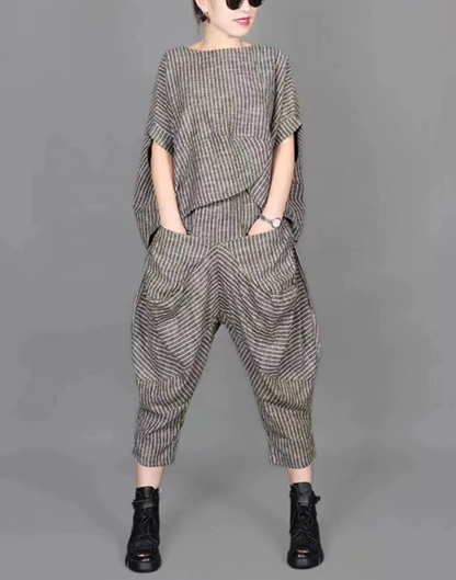 Casual Striped Asymmetrical Short Sleeve Suit
