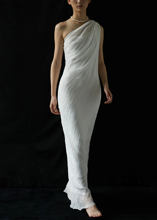 Women's Italian White One Shoulder Ruched Long Dress Summer