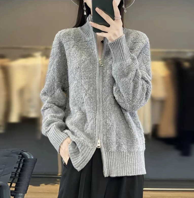 Casual Patchwork Wool Stand-up Collar Long Sleeve Sweater Jacket