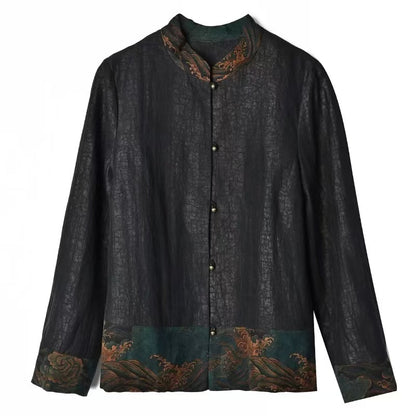 Chinese Style Standing Collar Printed Patchwork Button Silk Shirt Long Sleeve