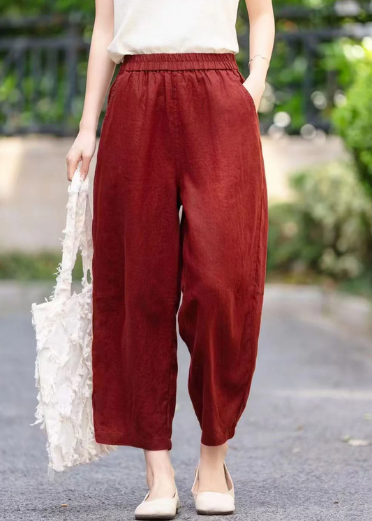 Red Mulberry Elastic Waistband Pocket Linen Haren Pants