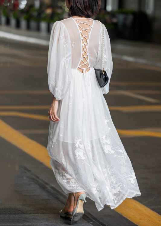 White Lace Embroidery Lace-Up Chiffon
