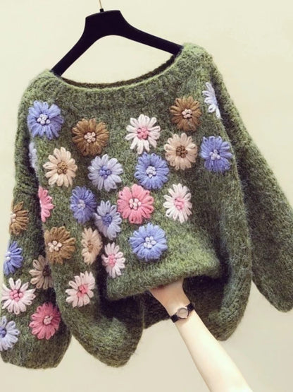 Handmade Floral Embroidery Pullover Sweater Top