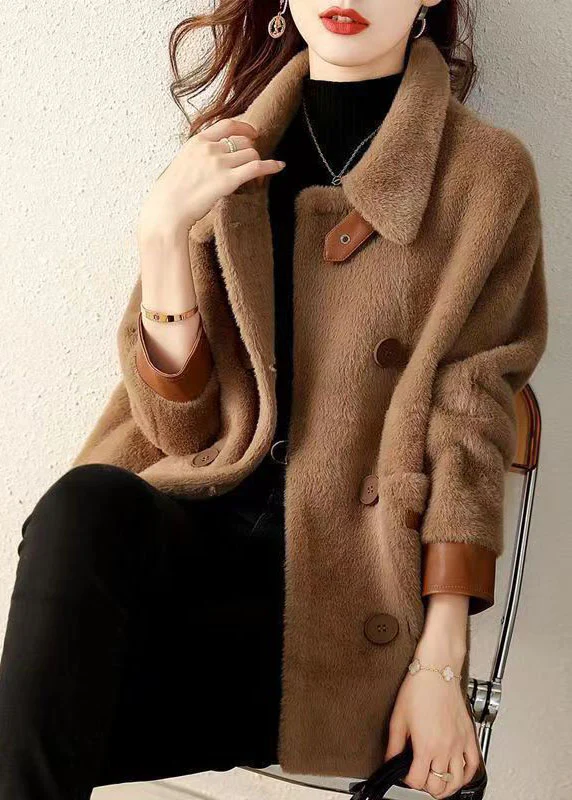 Women's Coffee Faux Fur Coat Peter Pan Collar Buttons