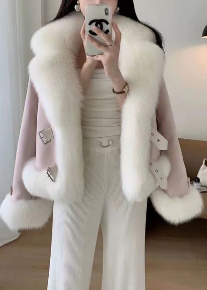 Women's Beige Hair Collar Patchwork Coat Winter