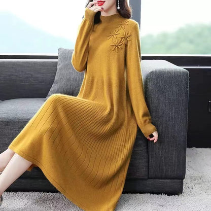 French Red Embroidered Floral High Neck Wool Knit Dress