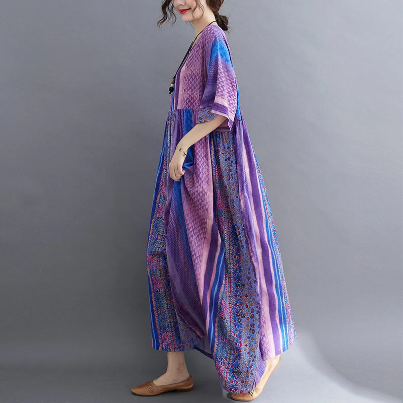 Loose Round Neck Printed Short Sleeve Long Dresses