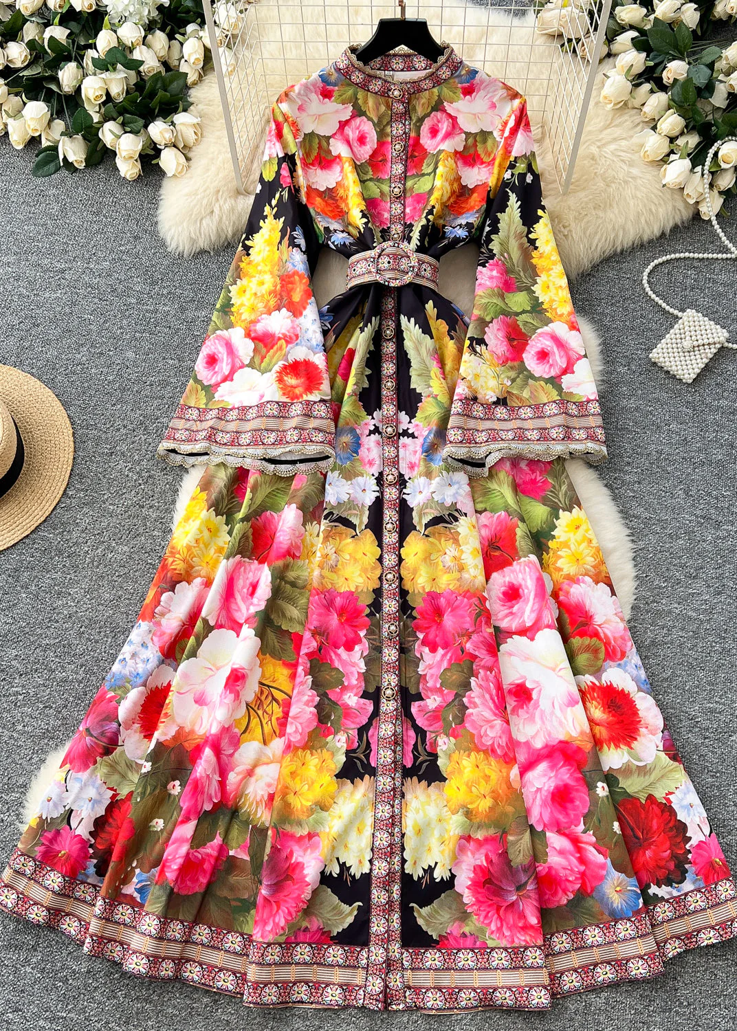 Women's Bohemian White Floral Print Cotton Flared Sleeve Dress