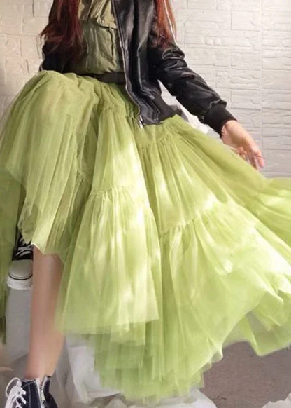 Women's Green Wrinkled Patchwork Tulle Skirt Spring Summer
