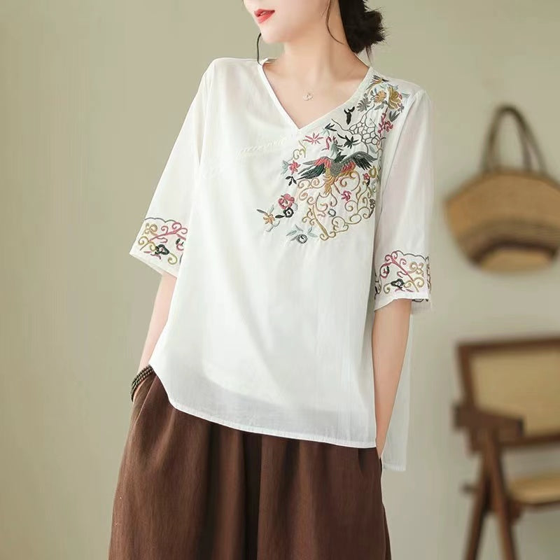 Loose V-Neck Embroidered Short Sleeve Shirt Top