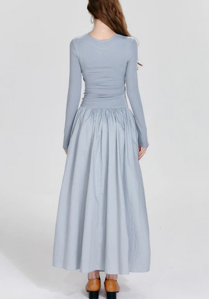 Women's Elegant Round Neck Asymmetric Pleated Long Sleeve Long Dresses