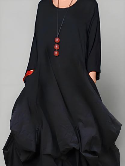 Women's Round Neck Loose Asymmetric Hem Midi Dresses