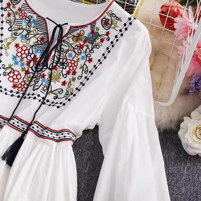 Bohemian Tie Embroidered Sun Screen Long Sleeve Patchwork Dress