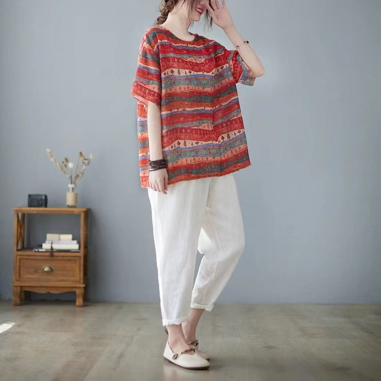 Casual Printed Cotton Linen Round Neck Short Sleeve T-Shirt Top