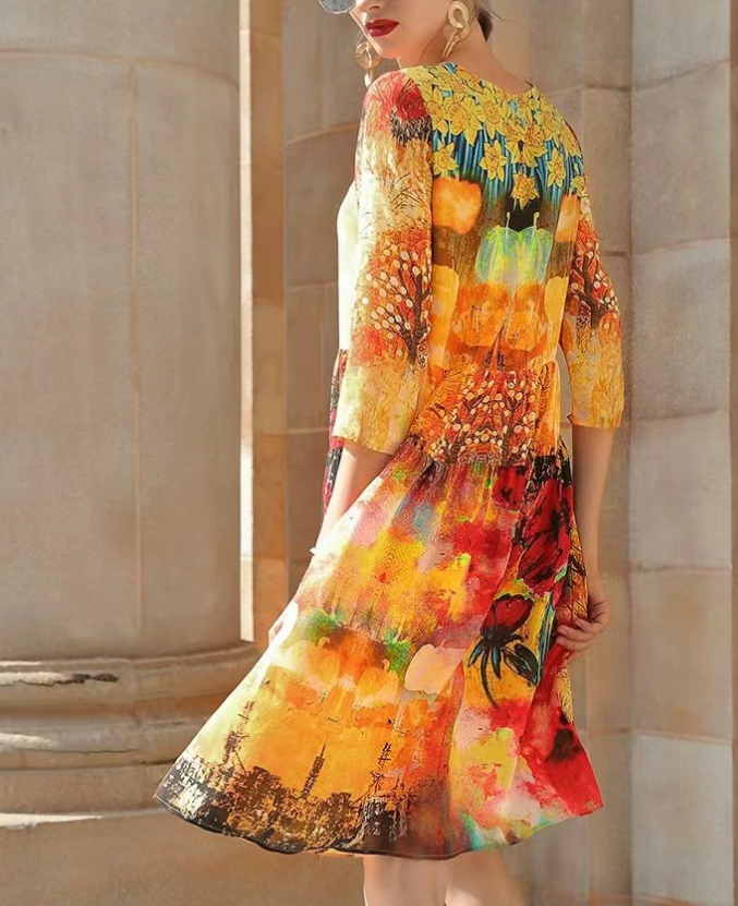 French Round Neck Printed Silk Short Sleeve Hem Dress