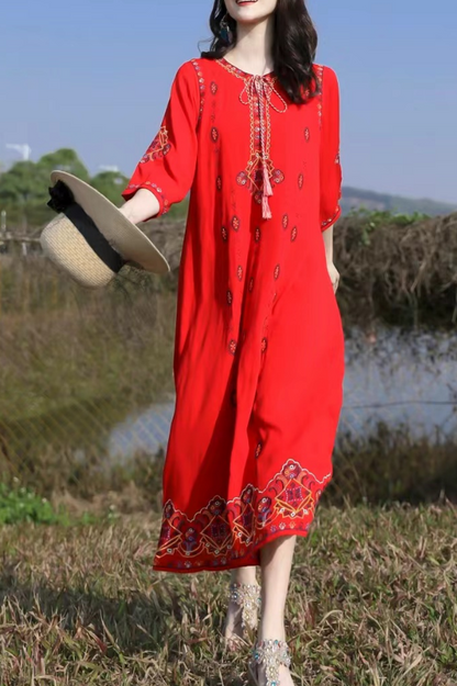 Loose Tie Embroidered Short Sleeve Dress