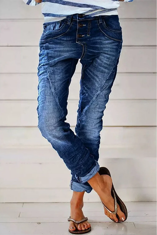 Organic denim street solid color distressed quilted high waisted jeans