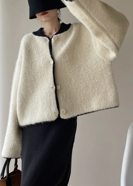 Women's White Buttoned Thick Patchwork Tweed Coat