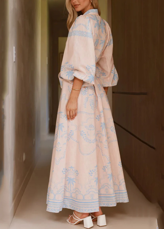 Blue Printed Lantern Sleeve Long Dress