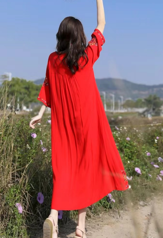Loose Tie Embroidered Short Sleeve Dress