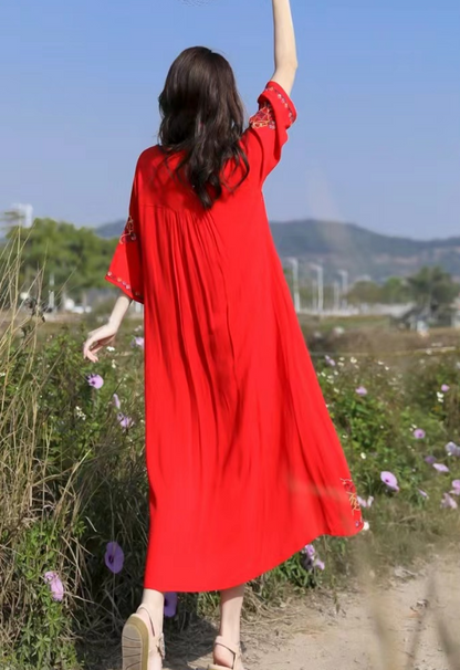 Loose Tie Embroidered Short Sleeve Dress