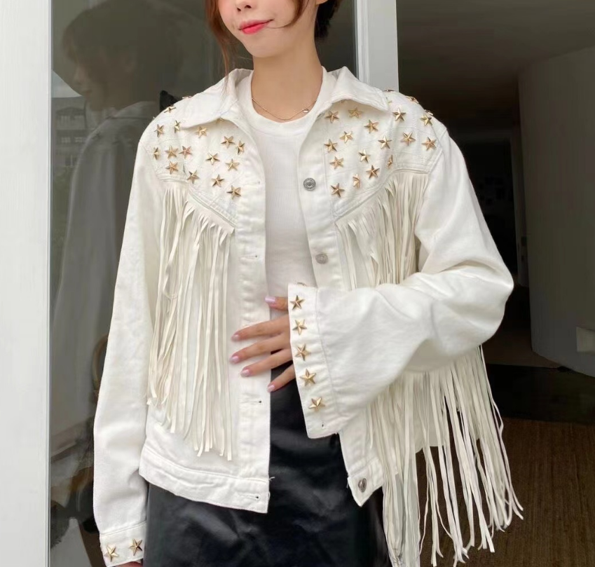 Stylish Pentagram Willow Tassel Trimmed Denim Jacket
