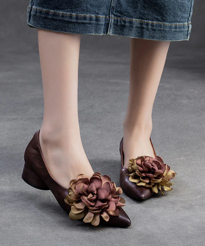 Fashion Camel Flower Pointed Toe Cowhide Flats