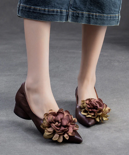 Fashion Camel Flower Pointed Toe Cowhide Flats