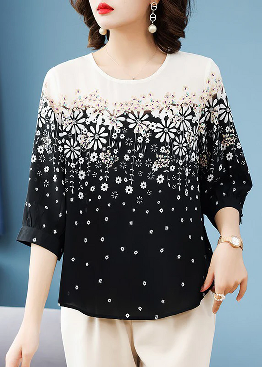Elegant Black Round Collar Printed Chiffon Blouse