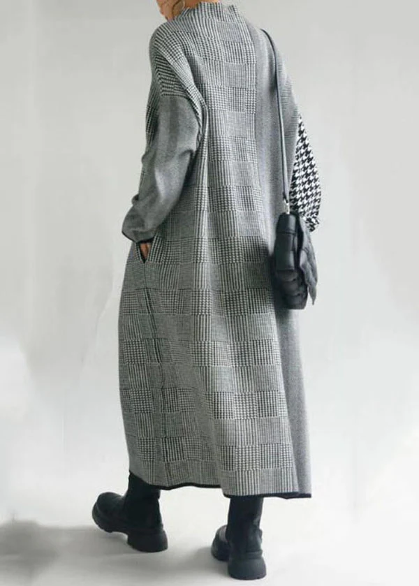 French Plaid High Neck Patchwork Long Knit Dress