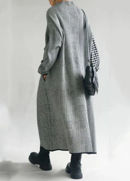 French Plaid High Neck Patchwork Long Knit Dress